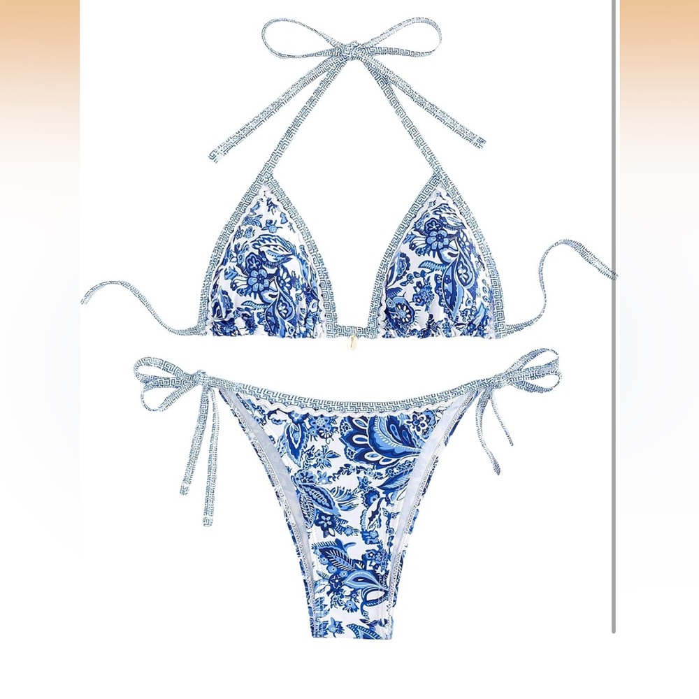 Commense NWT blue white bohemian floral two piece swimsuit bikini set M
